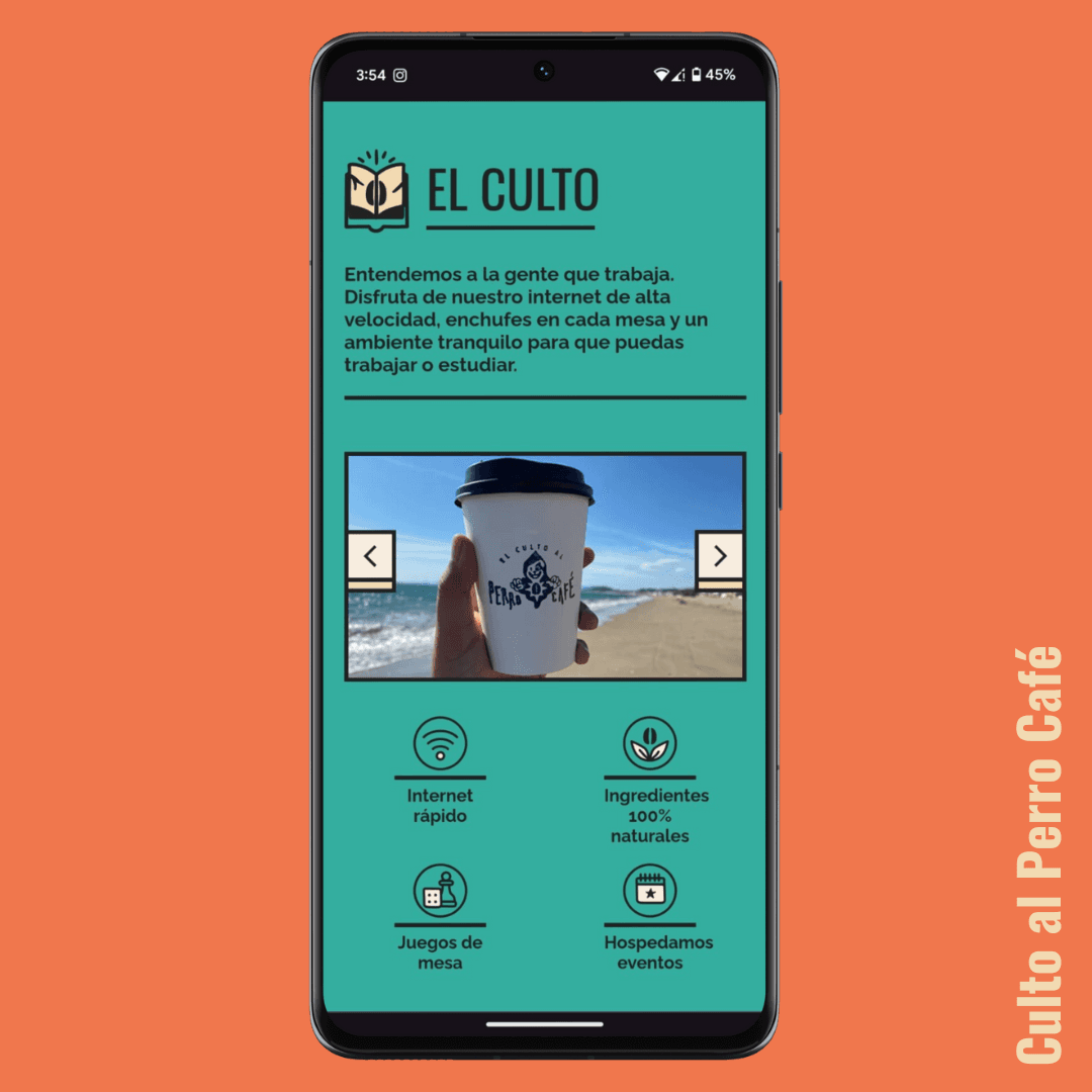 Screenshot of Culto al Perro Café Cult section on mobile