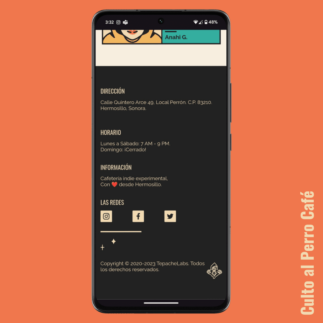 Screenshot of Culto al Perro Café footer on mobile