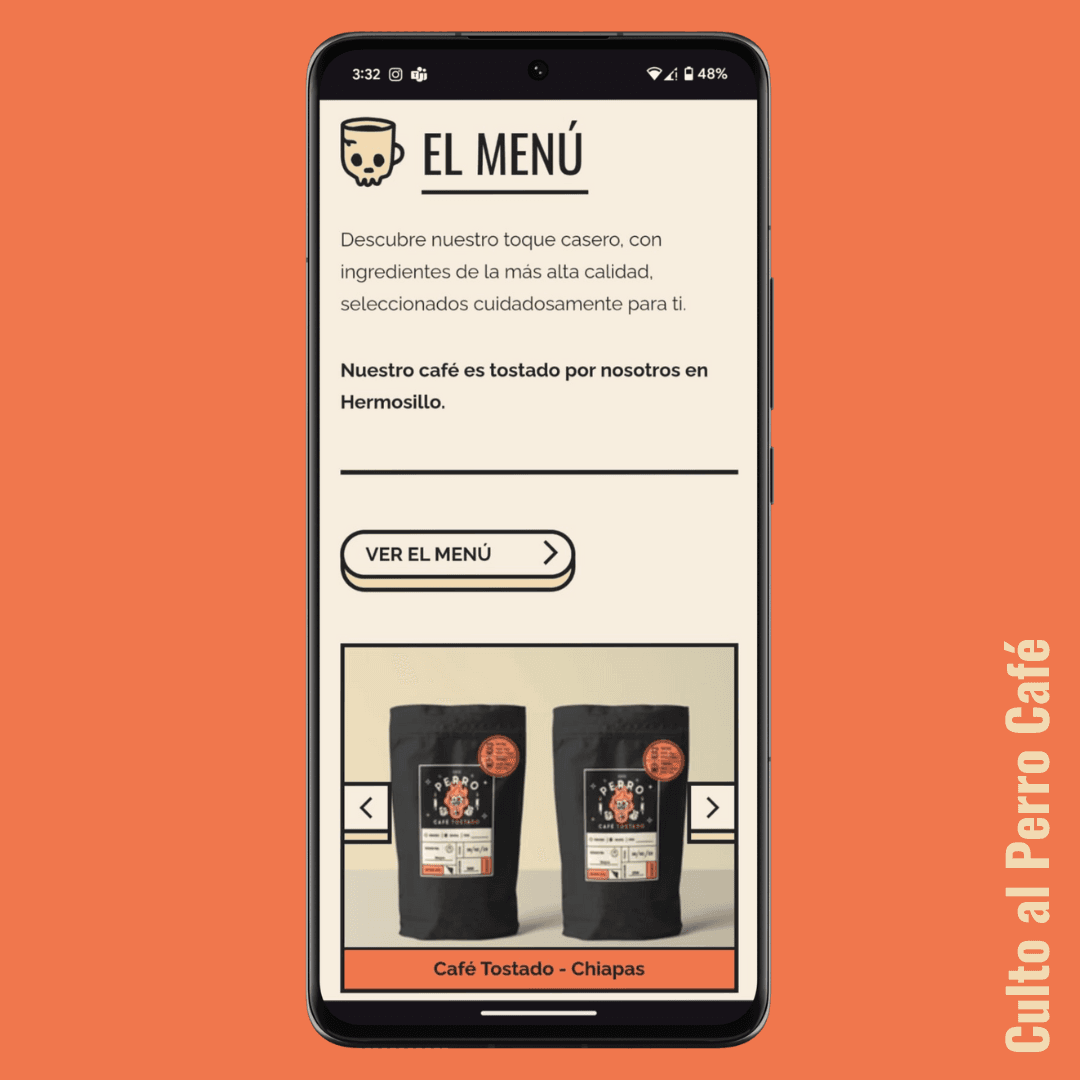 Screenshot of Culto al Perro Café Menu section on mobile