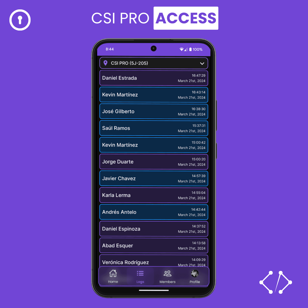 Screenshot of CSI PRO ACCESS Logs screen